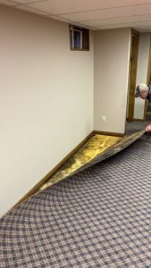 Carpet pulled back to reveal water damage