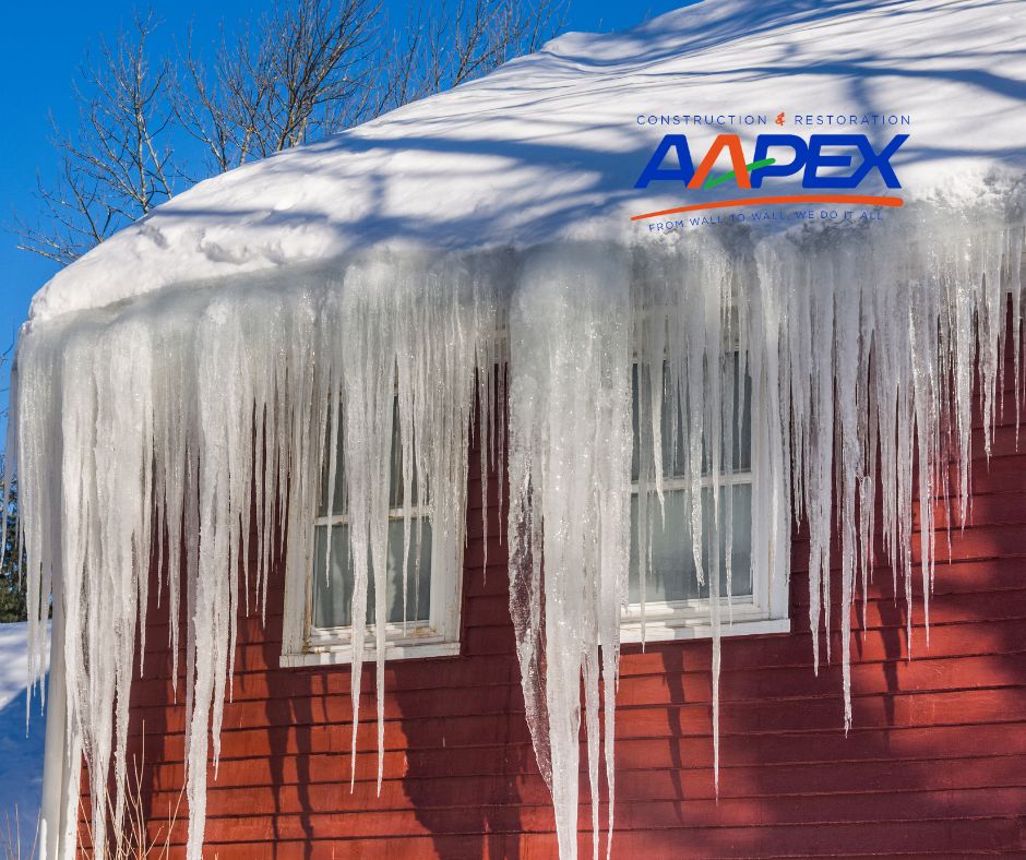 Ice dams hanging from roof.