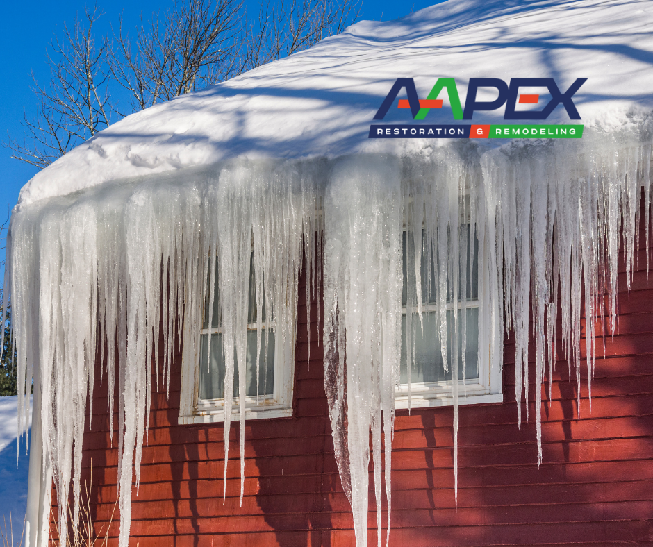 Ice dams hanging from roof.