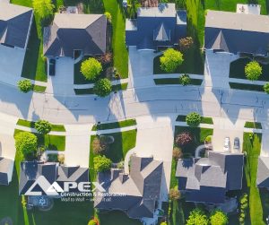 Roofing trends shown with an birds eye view of residential neighborhood
