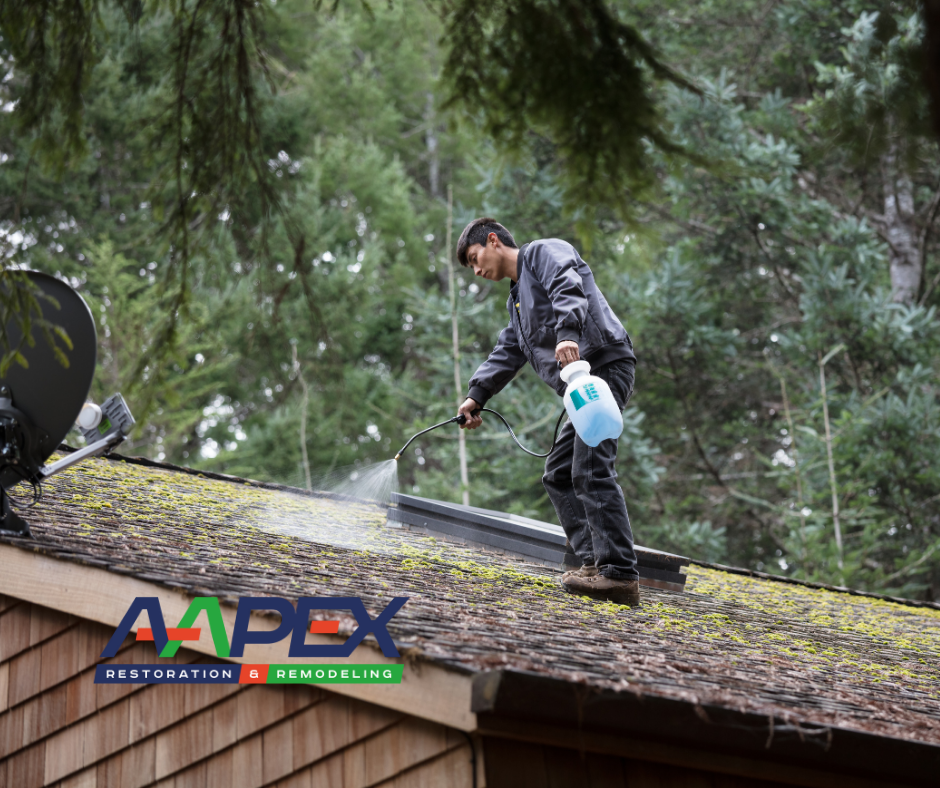 Man cleaning his roof with a power washer