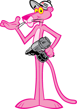 Pink Panther wearing an Owen's Corning ball cap and holding a nail gun.