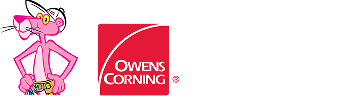 owen's corning preferred contractor logo. image of Pink Panther with toolbelt.