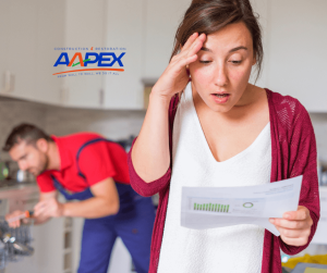 Worried Women Checking Maintenance Cost, and Technician Working in The Background - Aapex Logo Top Left