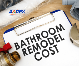 Clipboard with a piece of paper with the text "Bathroom Remodel Cost" on it. Aapex logo, top left.